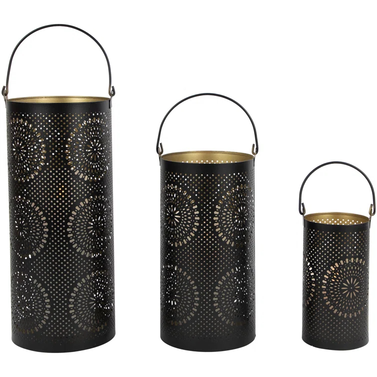 Dakota Fields Set of 3 Decorative Floral Cut-Out Pillar Candle Lanterns 12.5"