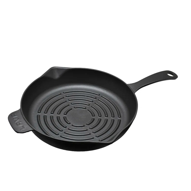 LAVA CAST IRON Lava Enameled Cast Iron Grill Pan 11 inch-Radial Pattern Pan with Pour Spouts Round Black