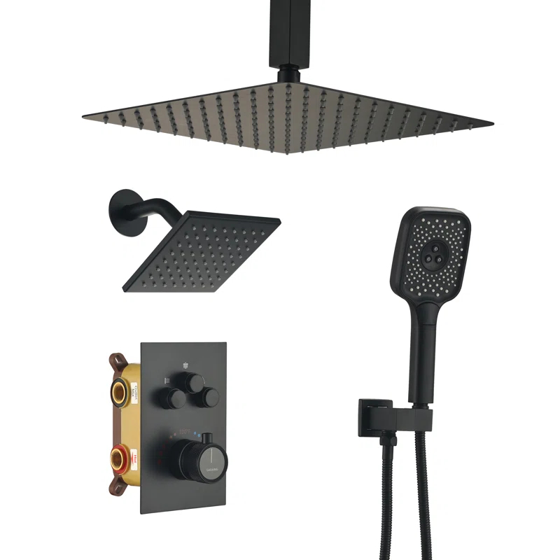 Rainfall Symphony 12inch 3-Function Dual Shower Head Thermostatic Shower System with 3 Sprays Handheld