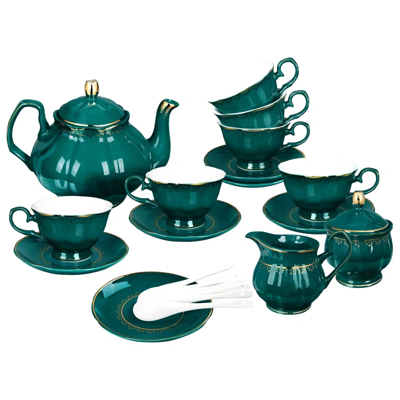 Rosdorf Park Malerba 21 Piece Vintage Porcelain Tea Set, Green With Gold Trim China Coffee Service For 6, Large Teapot, Tea Cup And Saucers Set, Christmas Gifts