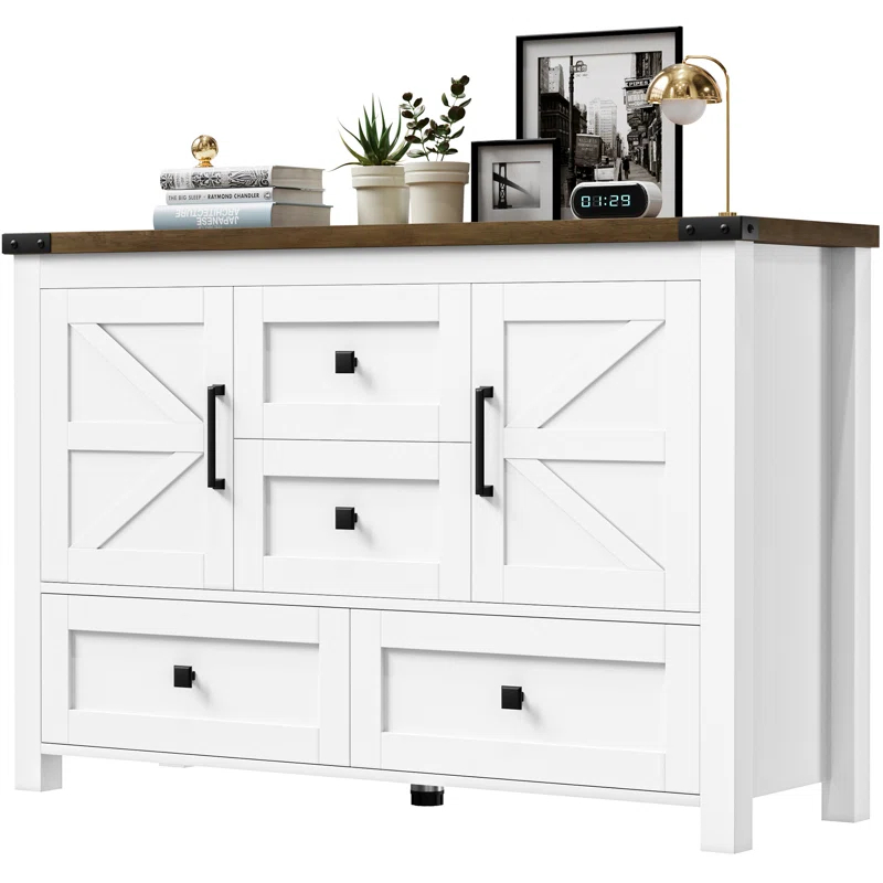 Gracie Oaks Farmhouse Dresser For Bedroom With 4 Drawers And 2 Barn Doors, Wood Chest Of Drawers 47 Inch Wide, Large, Long, Adjustable Shelves, 5 Legs, Living Dining Room, Entryway, Hallway