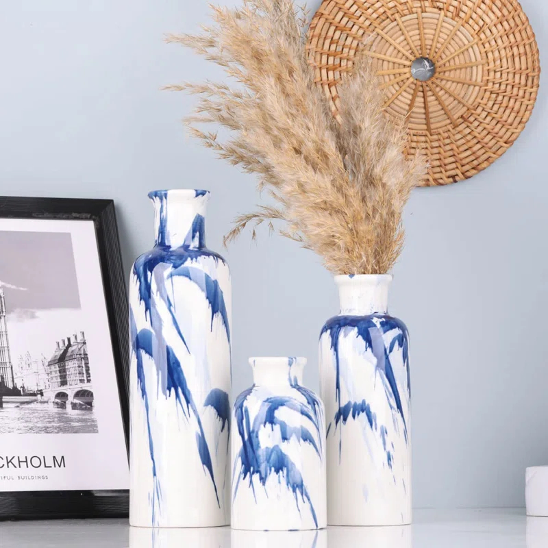 Orren Ellis Blue Ceramic Vase Set Of 3 - Decorative Navy Blue And White Vase For Centerpieces, Farmhouse And Home Decor - Ideal For Living Room, Kitchen, Bedroom, Dining Table And Office Decor