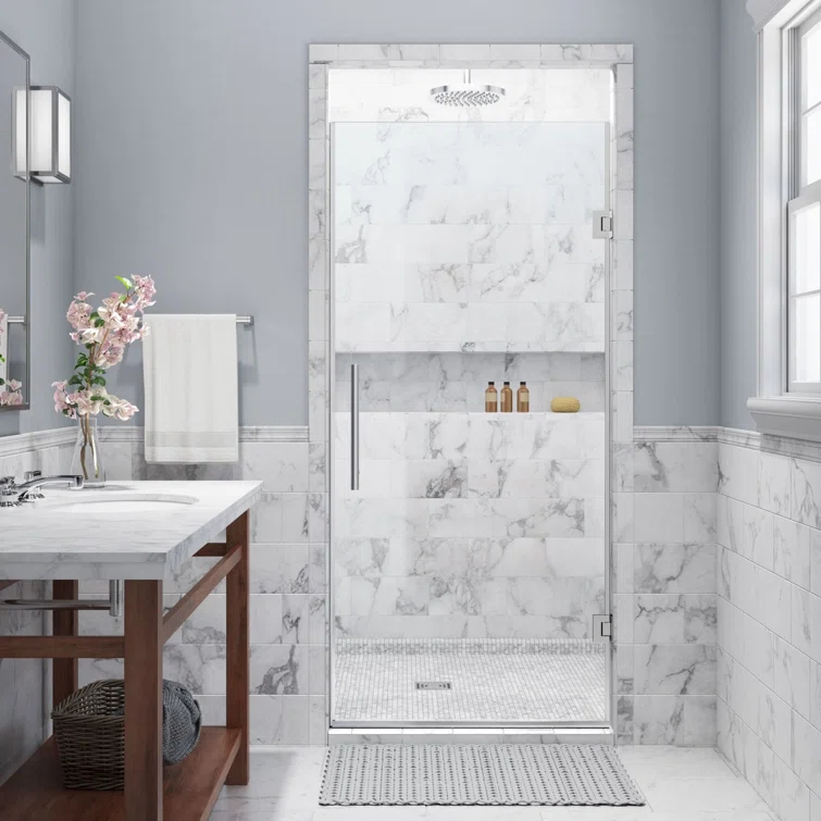 Aston Kinkade 26.75" - 27.25" W x 72" H Hinged Frameless Shower Door SDR997EZ-CH-27-10