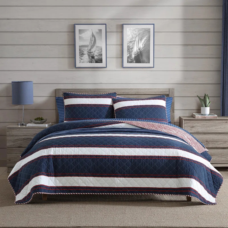Nautica Nautica Wesley Blue Cotton Reversible Quilt Set