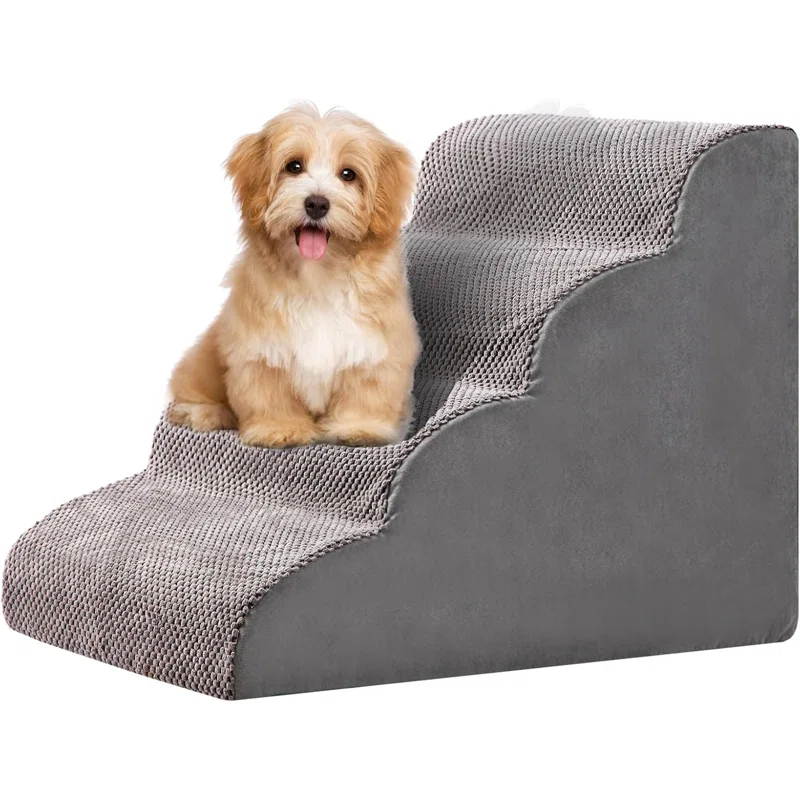 4 Steps Dog Stairs For Small Dogs, 18.5 Inch High, 30D Foam Dog Dtairs And Steps, Curved Steps