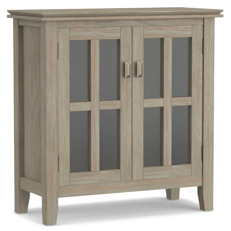 Simpli Home Artisan 30"W Solid Wood 2-Shelf Low Storage Cabinet with Glass Doors and Adjustable Shelves