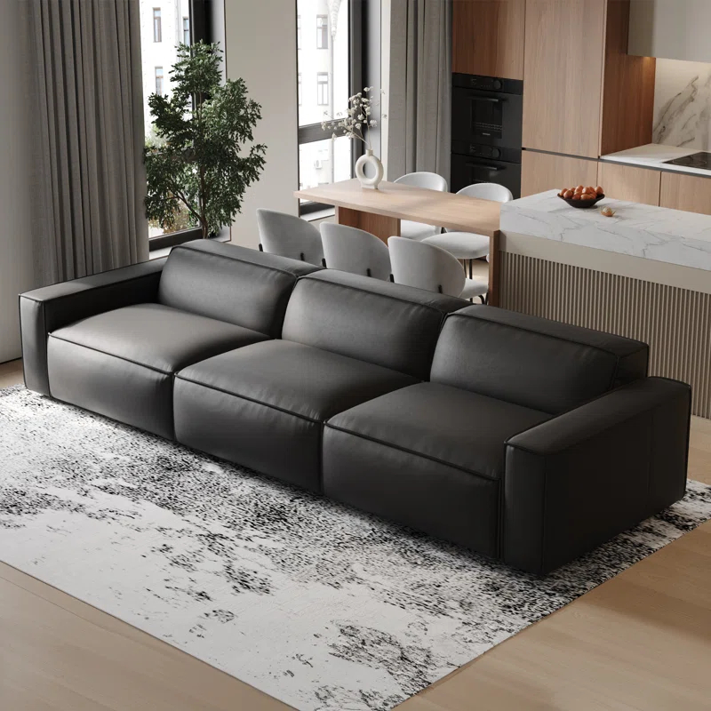 Hokku Designs Hamall Valencia Nathan Full Aniline Leather Modular Sofa With Down Feather, Three Seats, Black Color