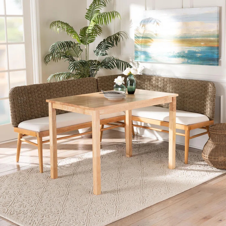 Highland Dunes Aafrin Bali & Pari Denver Modern Bohemian Natural Seagrass And Acacia Wood 3-Piece Dining Nook Set