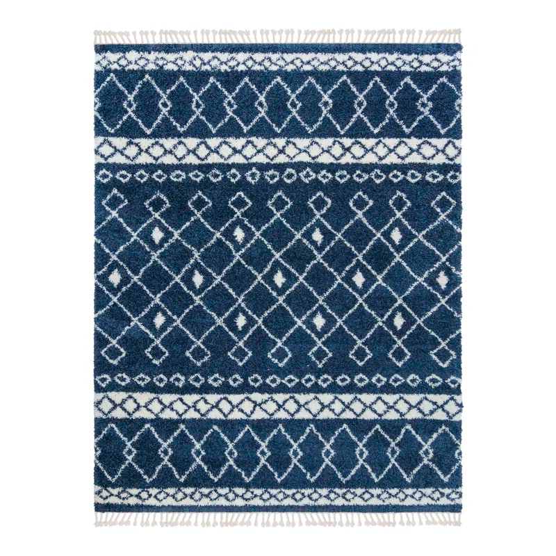 Limmet Clara Modern Moroccan Bohemian Navy Blue/Ivory Diamond Shag Area Rug