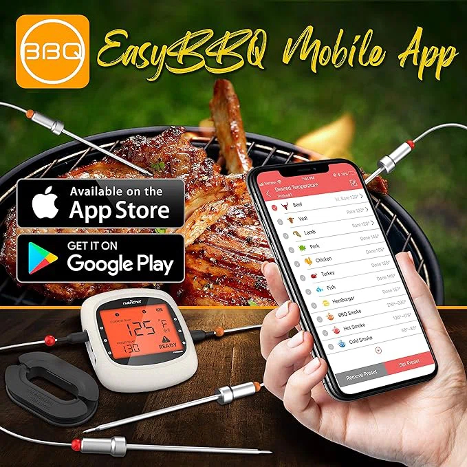 NutriChef Nutrichef Bluetooth Meat Thermometer For Grilling And Smoking With 6 Wireless Meat Probes, 6 Channels With Lcd Display