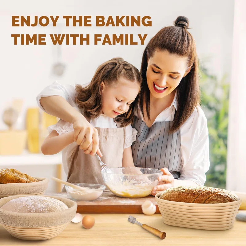 Bread Banneton Proofing Basket Set Of 2, 9 Inch Round & 10 Oval Cane Sourdough Baskets With Lame + Dough Scraper Linen Liner Basting Brush For Making Baking Fermentation