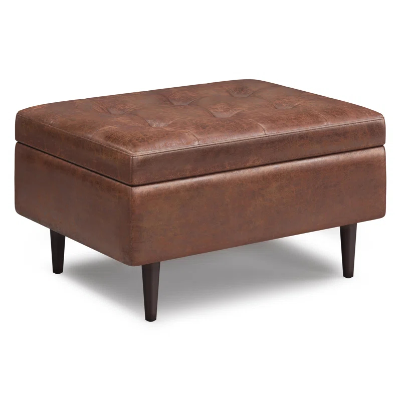 Simpli Home Shay 34"W Upholstered Coffee Table Storage Ottoman with Lift Top and Tufted Detailing