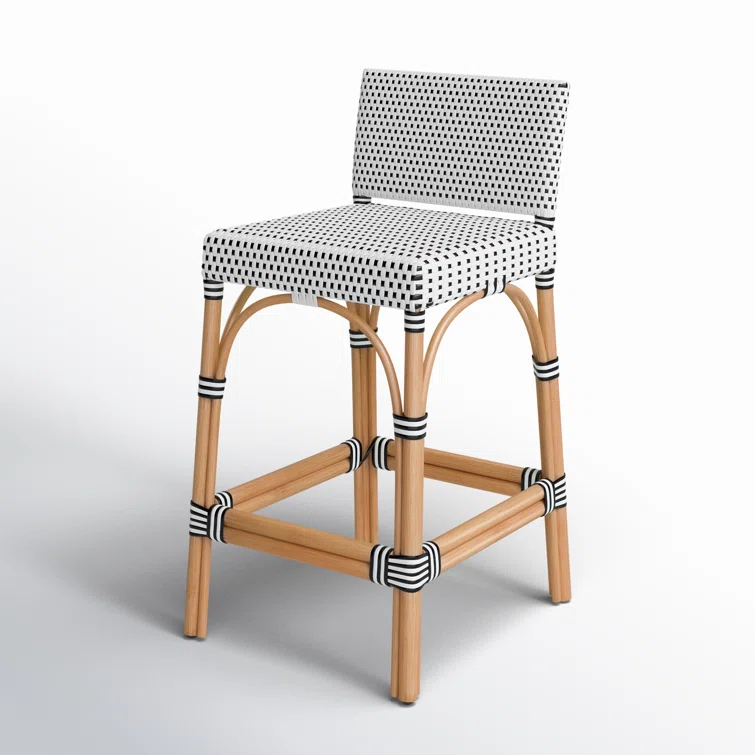 White and Navy Dot Rattan Low Back Counter Stool