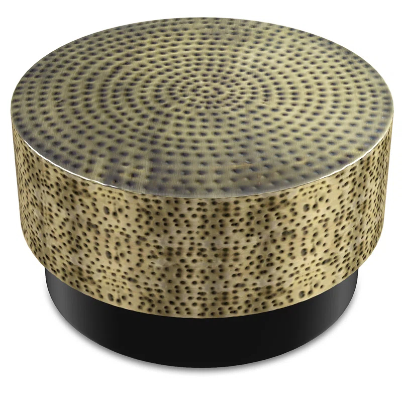 Simpli Home Montrose 30"W Antique Gold and Black Metal Modern Industrial Round Coffee Table with Hammered Texture, Fully Assembled