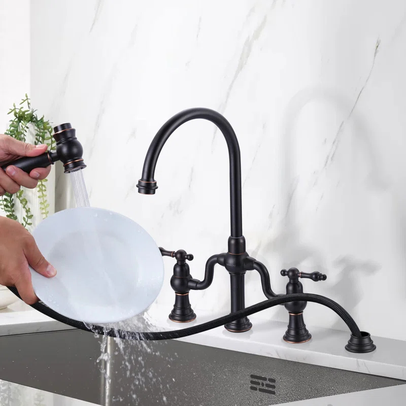 ARCORA AR7105700RB ARCORA Double-Handle High-Arc Widespread Deck Mounted Bridge Kitchen Faucet With Side Spray