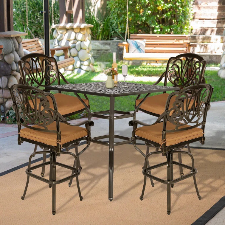 Bloomsbury Market Bloomsbury Market 5-piece Bar Height Patio Dining Set, All Weather Cast Aluminum Outdoor Table And Chairs Set With 4 Swivel Bar Stools, Cushions & 35.38" High Bar Table W/umbrella Hole For Deck, Lawn, Garden