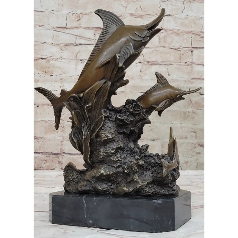 Rosecliff Heights Original Bronze Statue Sculpture Of Marlin Sailfish Swordfish Jumping Out Of Ocean On Marble Base