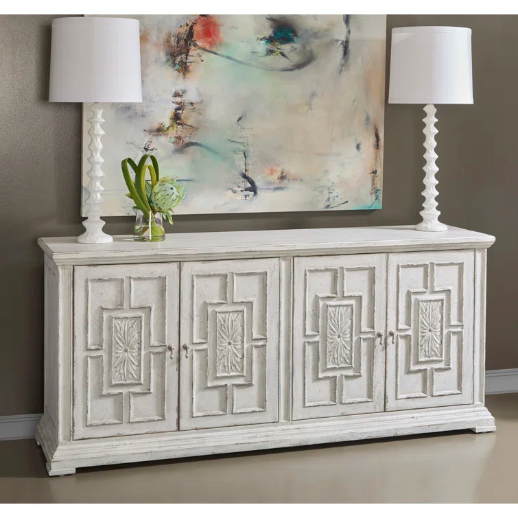 Pulaski Furniture 4 Door Rosette Carved Entertainment Credenza in Distressed White