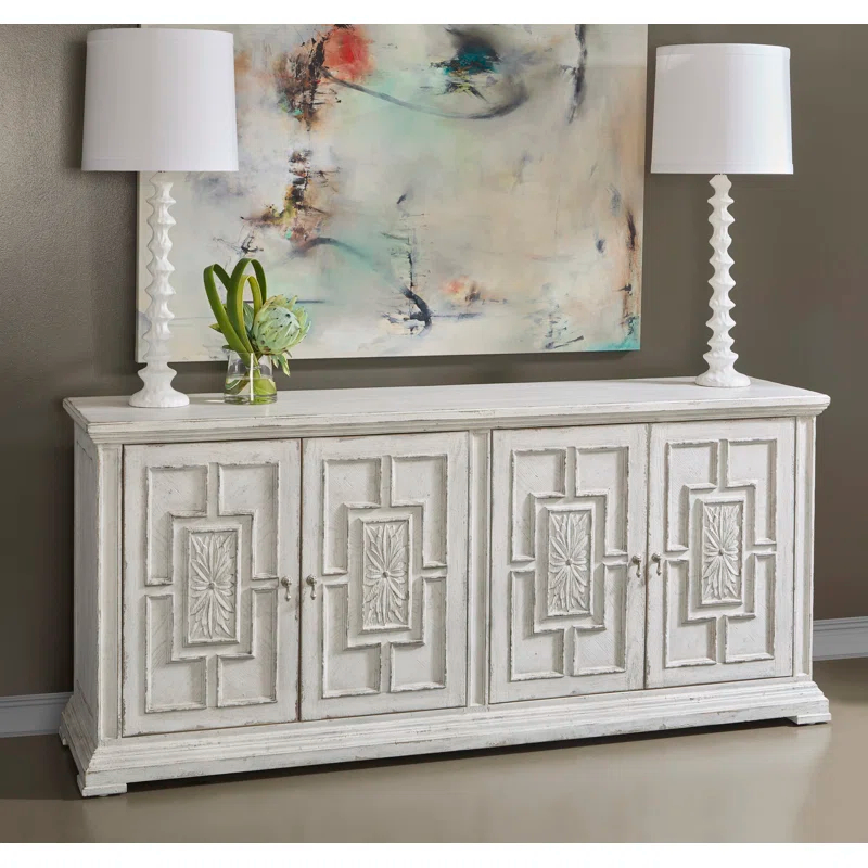 Pulaski Furniture 4 Door Rosette Carved Entertainment Credenza in Distressed White