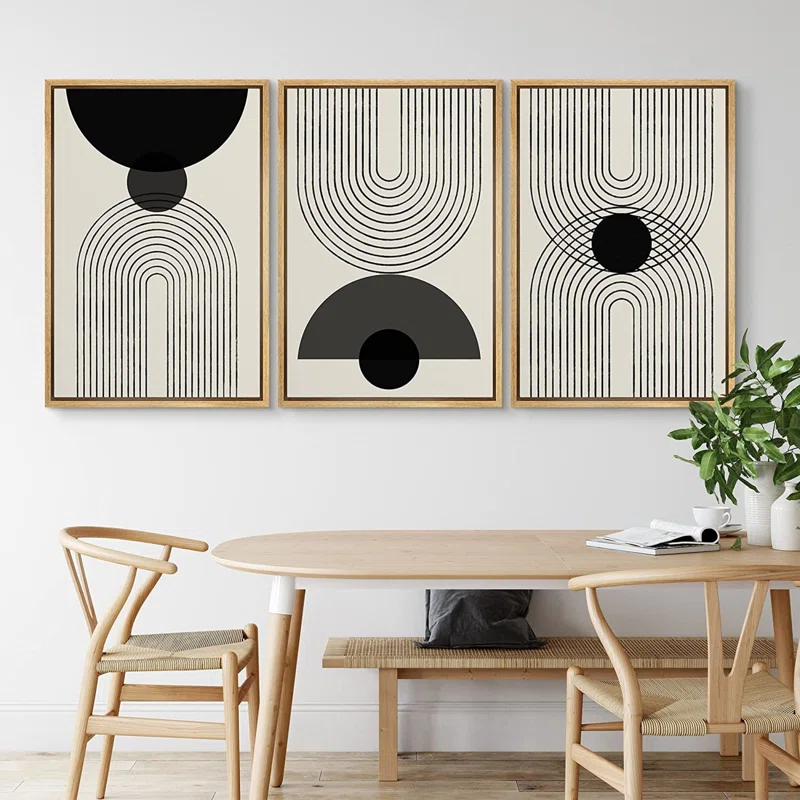 Mid-Century Modern Black And White Minimalist Abstract Home Decor Framed Wall Art Work Canvas Print