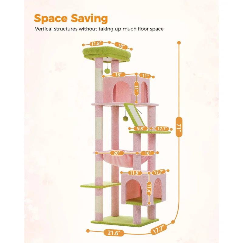 71" Indoor Tall Large Cat Tree Multi-Level Cat House With 2 Big Condo Pad Bed, Cozy Hammock And Scratching Posts