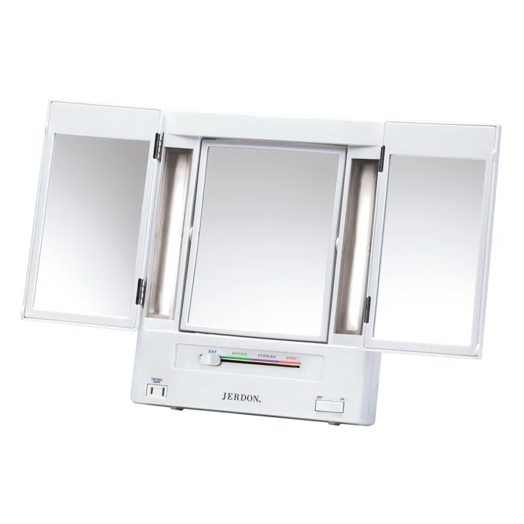 Symple Stuff Washington Mews TriFold Lighted Tabletop Makeup Mirror, Plug In