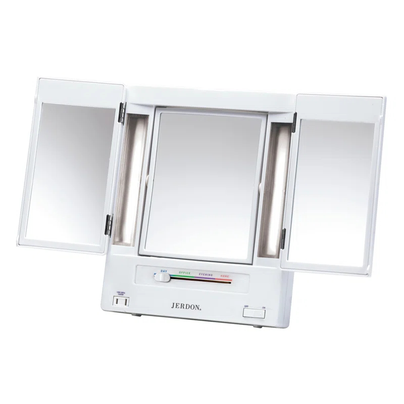 Symple Stuff Washington Mews TriFold Lighted Tabletop Makeup Mirror, Plug In