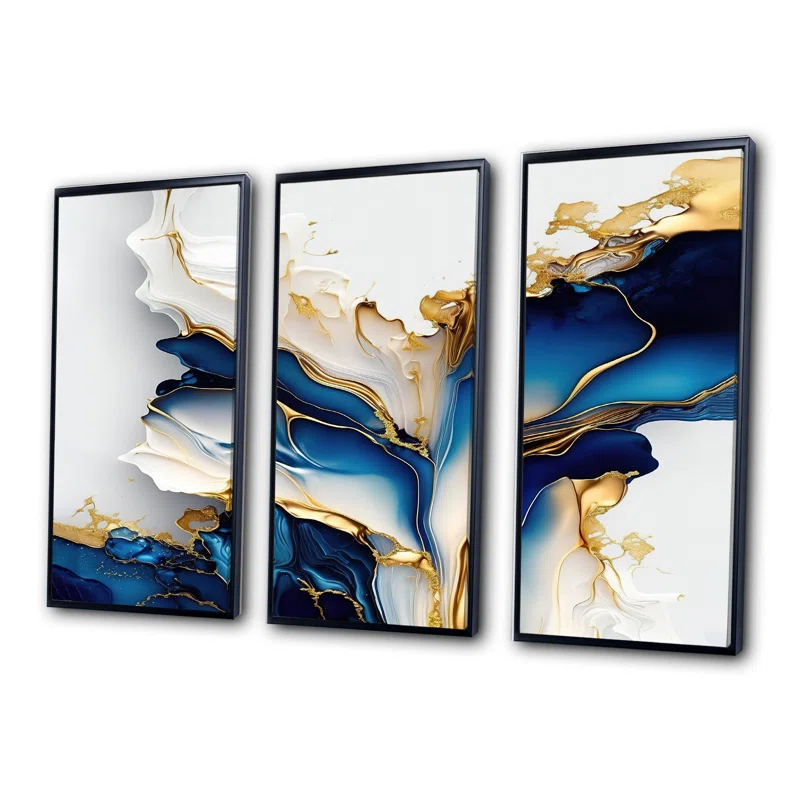 Design Art " Abstract Geode Gold And Blue Marble Shape III " 3 - Pieces
