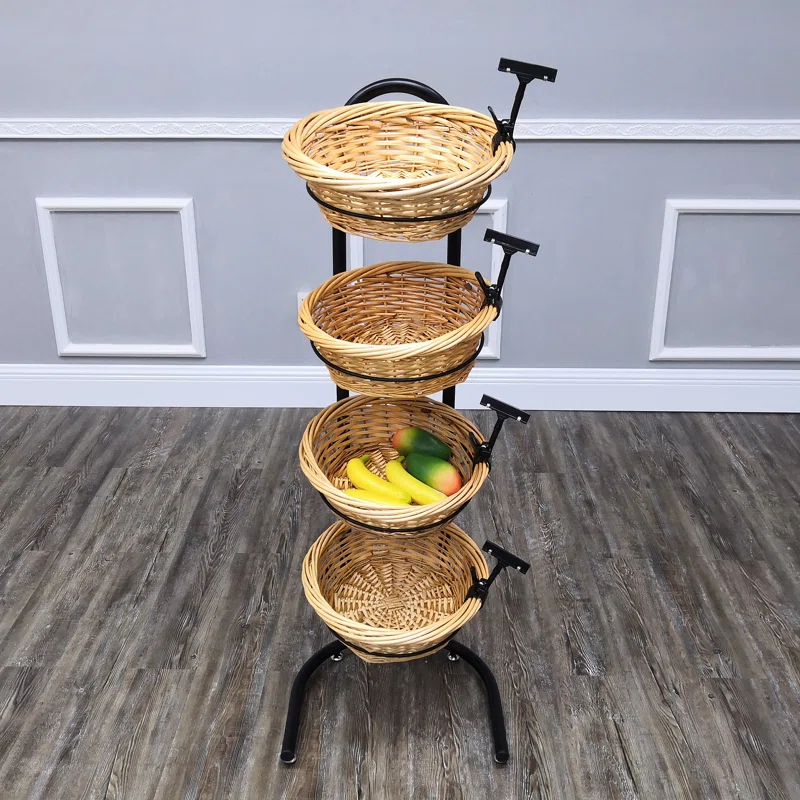 FixtureDisplays 4 Tier Basket Stand, Sign Clips, Wicker Grocery Store Rack Display, Market Basket Rack Kitchen