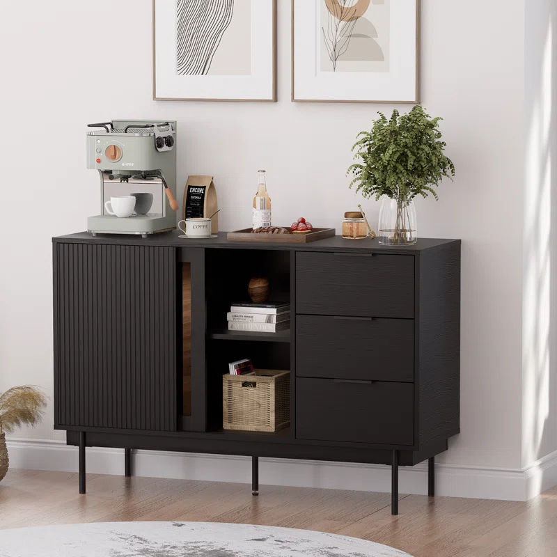 Ebern Designs Ebern Designs Sideboard Anetha, 47" X 31.5" Buffet Anetha With Storage, Black Sideboard With 2 Sliding Doors & 3 Drawers, Wood Coffee Bar Entryway Storage For Living Room