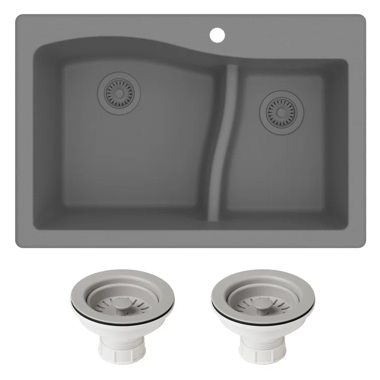 Kraus KRAUS Quarza™ 33" L Dual Mount 60/40 Double Bowl Granite Kitchen Sink and Strainers KGD-442WHITE-PST1-WH