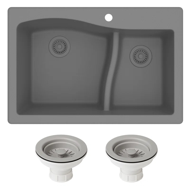 Kraus KRAUS Quarza™ 33" L Dual Mount 60/40 Double Bowl Granite Kitchen Sink and Strainers KGD-442WHITE-PST1-WH