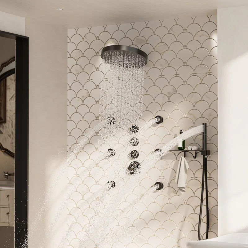 CASAINC KCHS0005-12MB Rainfall Thermostatic Shower System with Body Jets, 2-Sprays Shower Head and a Shelf