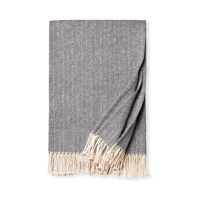 Black Cotton Herringbone Throw Blanket with Fringe, 51" x 71"
