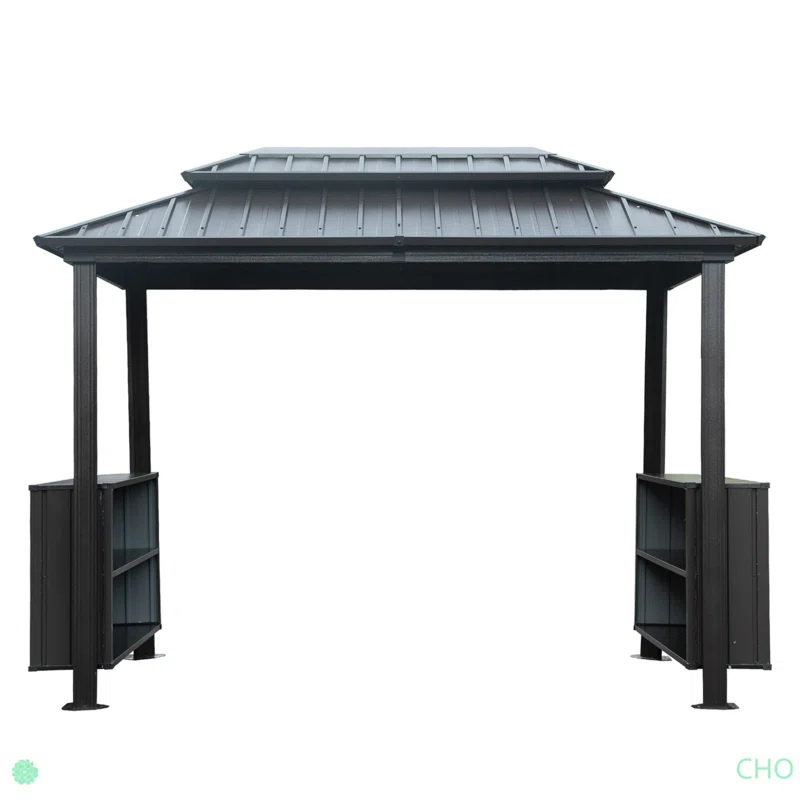 VODYXSEP Hardtop Grill Gazebo, Outdoor BBQ Gazebo With Double Galvanized Steel Roof, Patio Grill Canopy With 2 Cabinets And Ceiling Hooks For Backyard, Lawn, Garden