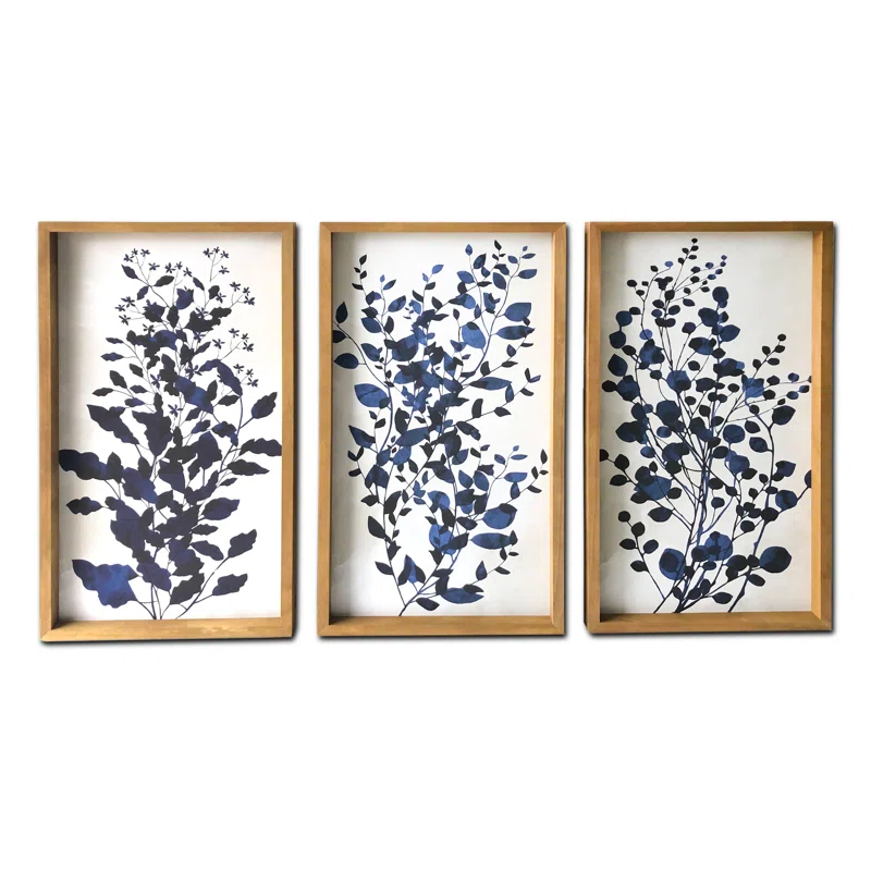 Gracie Oaks "Blue Branches" 3 Piece Large Print on Wood Framed Canvas Wall Art
