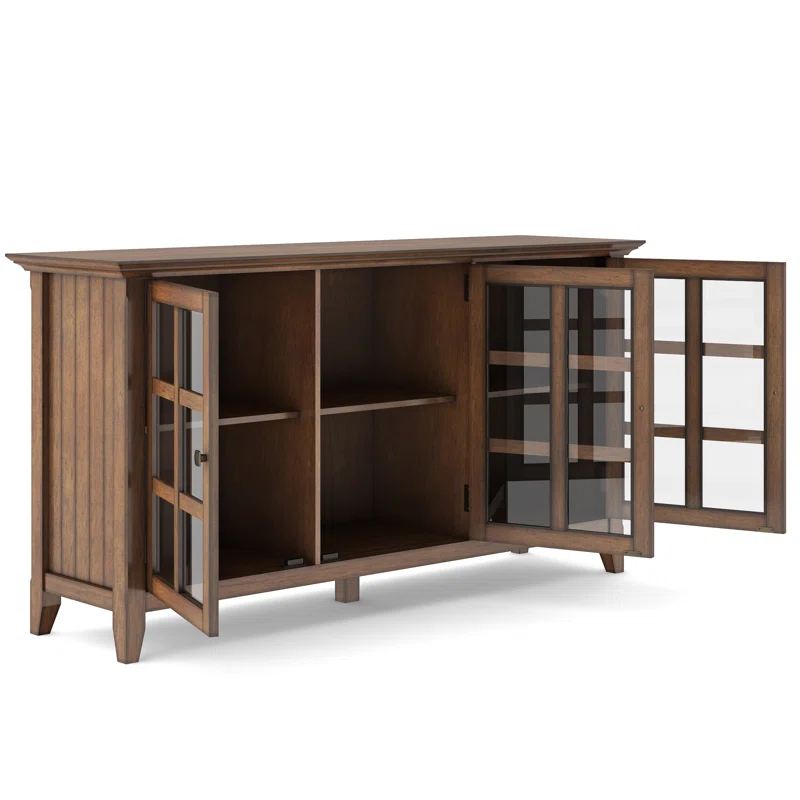 Simpli Home Acadian 62"W Solid Wood 3-Shelf Storage Cabinet with Tempered Glass Doors and Adjustable Shelves