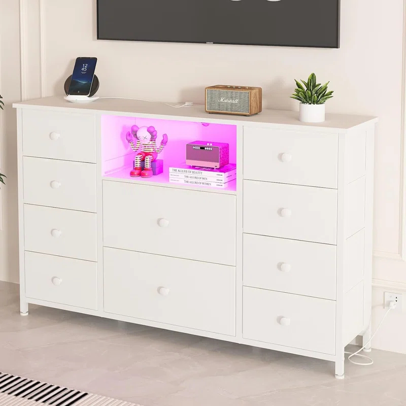 Wrought Studio™ Dresser With Charging Station And LED Lights, Long Dresser For Bedroom Dresser TV Stand With 10 Drawers, Fabric Chest Of Drawers With PU Finish, Wide Dresser Storage Organizer, White