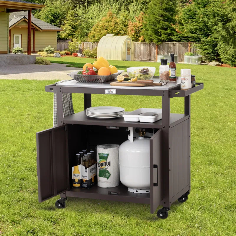 Feasto Feasto Outdoor Grill Cart with Stainless Steel Tabletop and Storage Cabinet, Movable Kitchen Cart with Wheels for BBQ Food Prep