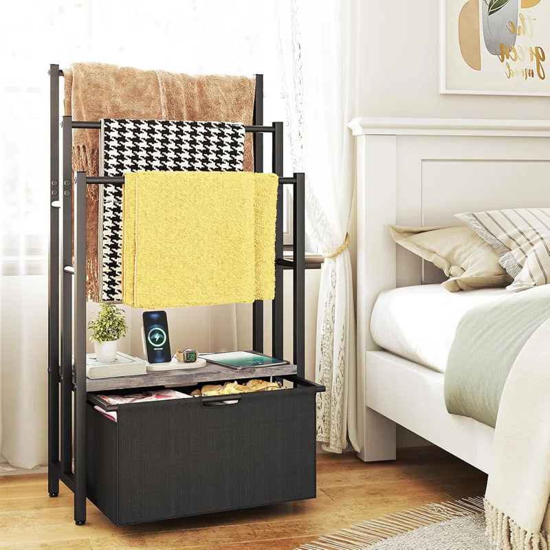 Freestanding Towel Rack With Drawers, SDXYSTCE 3 Tiers Standing Blanket Racks For Bedroom, 23.6" L X 11.8" W X 43.3" H, Blanket Holder With Shelf, Upgrade Steady Design,