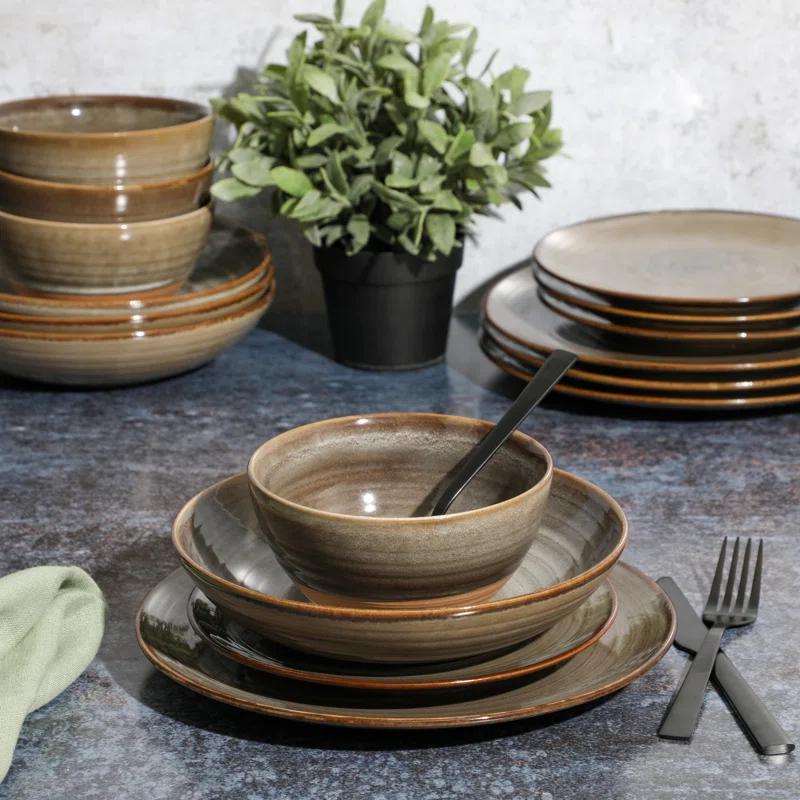 Gibson Gibson Elite 16 Piece Dreamweaver Double Bowl Terracotta Reactive Dinnerware Set