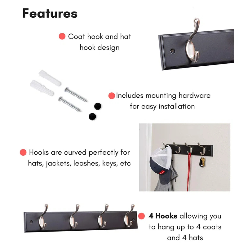 BirdRock Home Wall 4 - Hook Wall Mounted Coat Rack