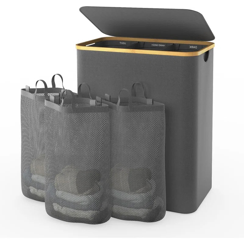 JASODI Laundry Hamper with Lid, 160L Extra Large Laundry Basket 3 Section Dirty Clothes Hamper for Laundry with Removable Laundry Bags