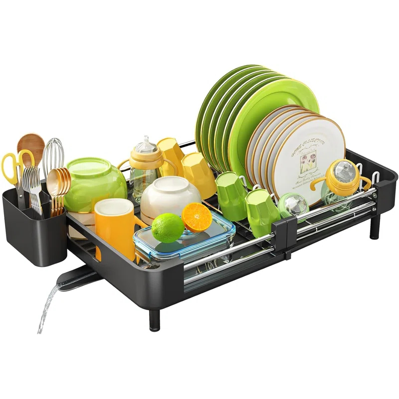 Anadea Expandable Dish Rack For Kitchen Counter, Large Dish Drainer, Stainless Steel Drying Dish Rack With Utensil Holder