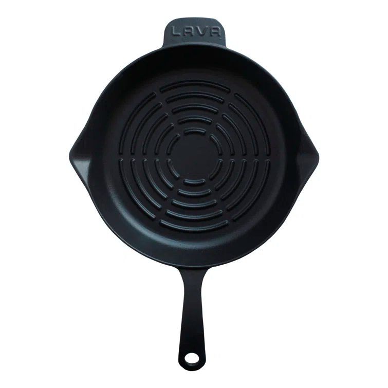 LAVA CAST IRON Lava Enameled Cast Iron Grill Pan 11 inch-Radial Pattern Pan with Pour Spouts Round Black