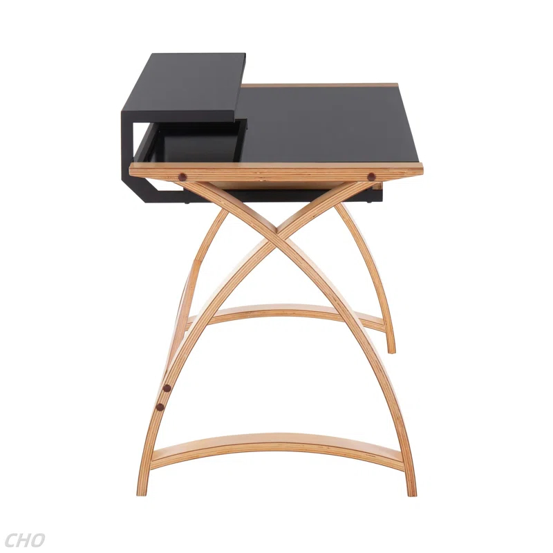 Brayden Studio® Bentley Mid-Century Modern Office Desk In Natural Wood And Black Glass By Lumisource