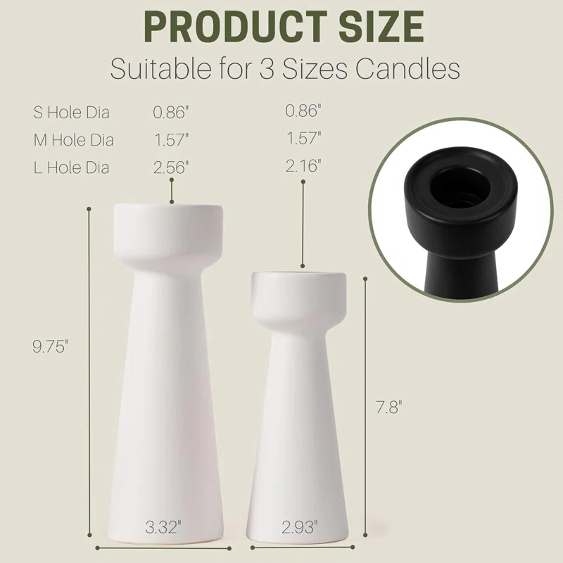 Hokku Designs Candle Holders Ceramic White Taper S&L Set Of 2 Matte Stylish Decorative Candlestick Holders