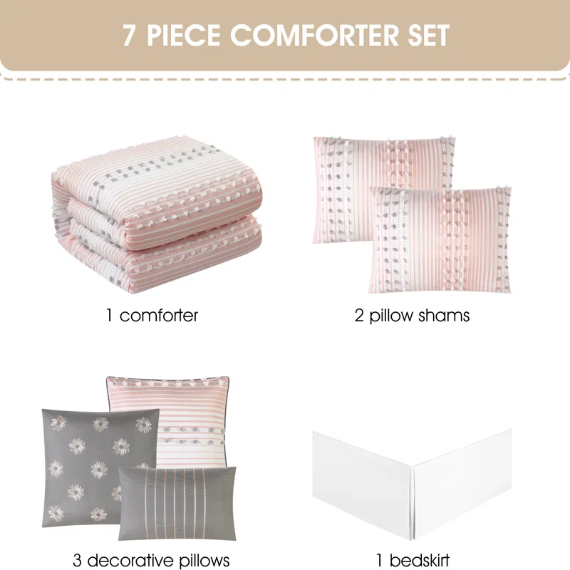 Clarion Pink 7 Piece Chic Striped Comforter Set