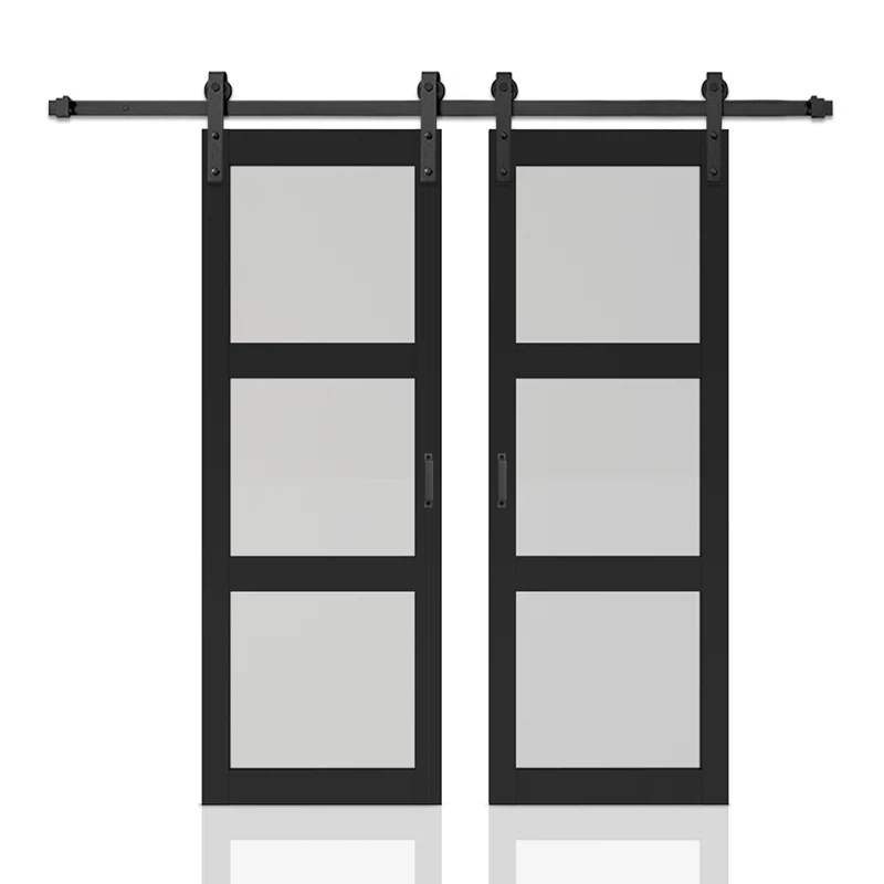 Calhome 3-Lite Tempered Frosted Glass White Finished Composite Double Sliding Barn Door with Hardware Kit Handle