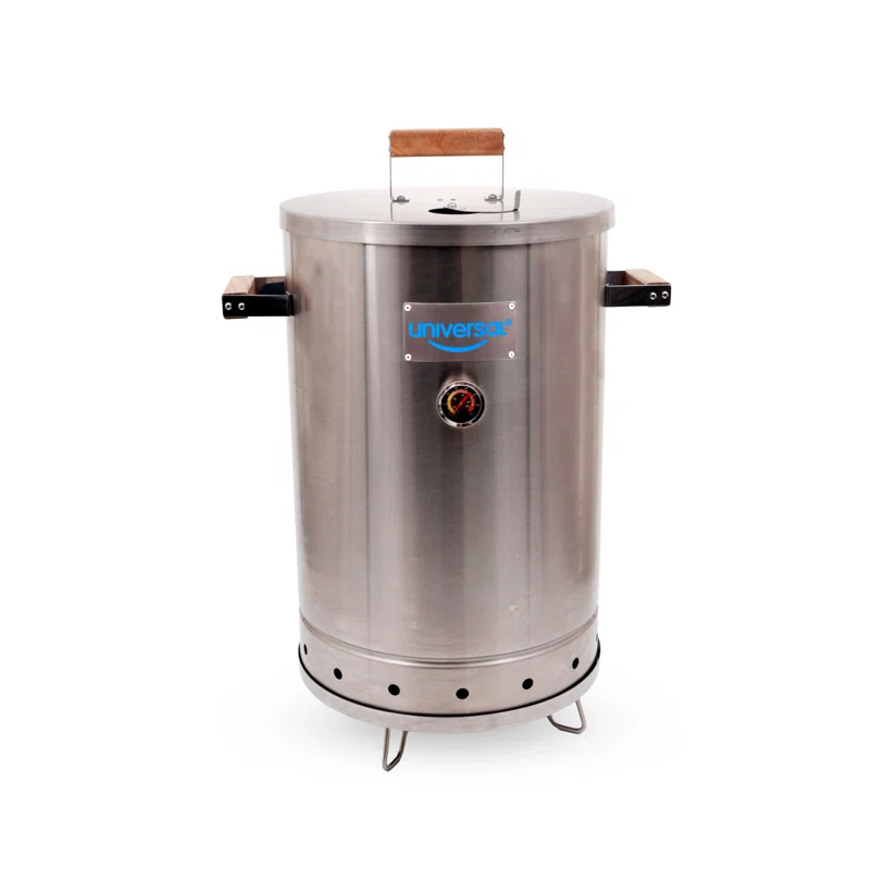 Universal Universal 20-Pound Stainless Steel (25-Servings) Charcoal Barrel Smoker With Thermometer & Airlock System - 20.5 X 29.6 X 15.5 Inch, 2 In 1 Vertical Grill And Smoker, Slow Cooking Barrel